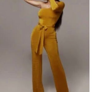 Mustard one sleeve long pant jumpsuit